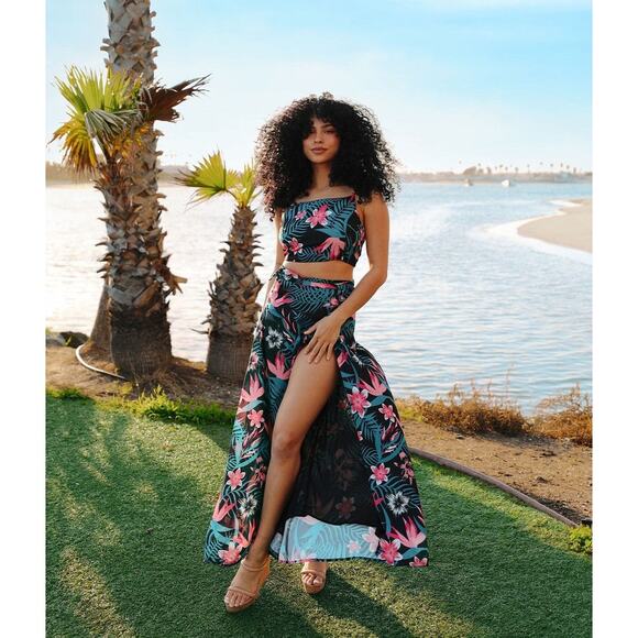 🌴 Tipsy Elves Breezy Botanics 2 Piece Maxi Dress Floral Tropical Set M NEW - Picture 1 of 8